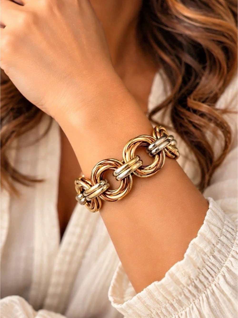 Vintage Made in France Chunky Triple Ring Link Bracelet Mixed Metal 8.75”